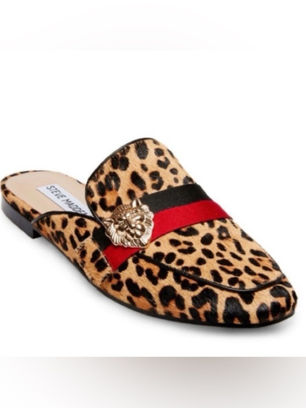Steve Madden Leopard Cow Hair Mule Loafers Gold Lion Flats Size 9 - Picture 2 of 7